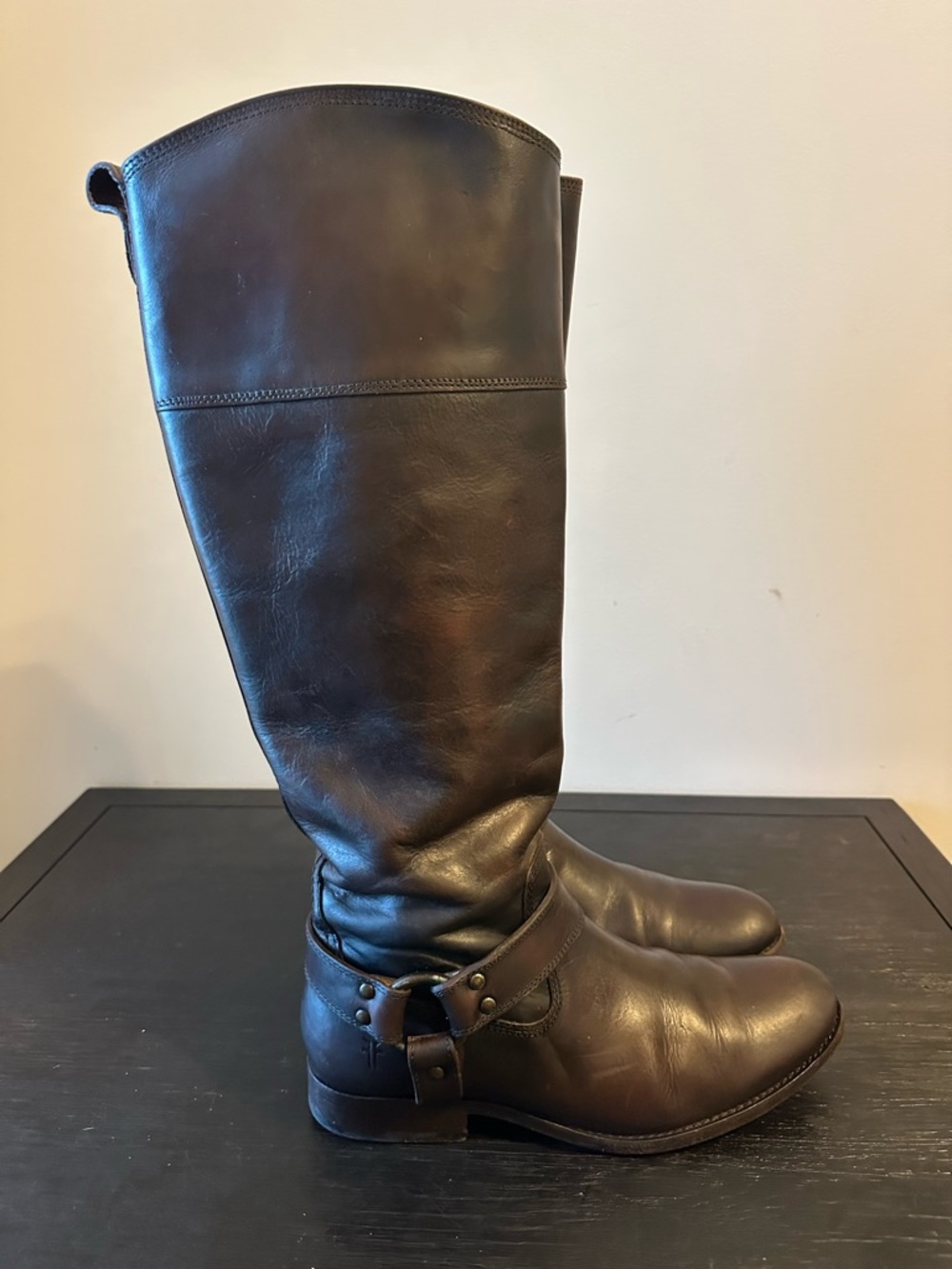 Frye Melissa Harness Side-Zip Leather Knee High Boots Brown Women’s Size 8.5B